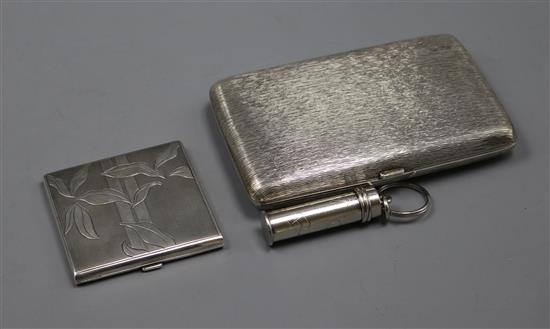 A German Kuppenheim textured 800 white metal cigarette case, a silver compact and a Cartier cylindrical pill box.